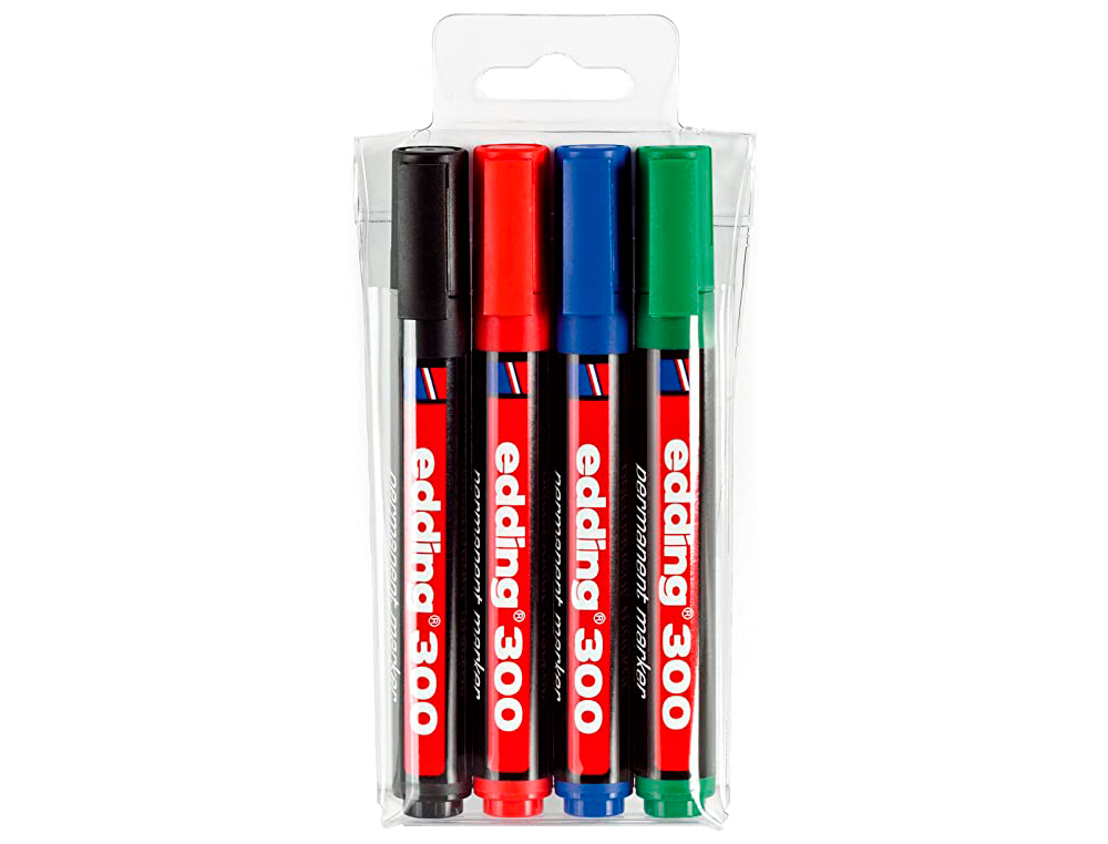 MARQUEUR EDDING PERMANENT E300 POINTE OGIVE TRACÉ 1.5/3MM CORPS PLASTIQUE POCHETTE 4 UNITÉS ASSORTIES