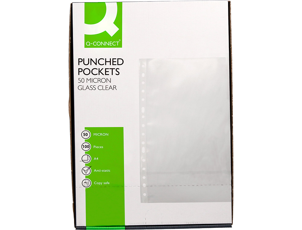 POCHETTE Q-CONNECT POLYPROPYLNE LISSE 5/100E PERFORE CRISTAL ANTISTATIQUE A4 210X297MM BOTE 100 UNITS