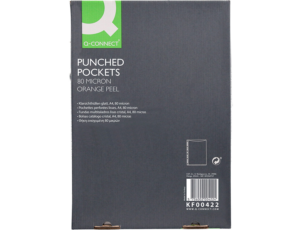 POCHETTE Q-CONNECT POLYPROPYLNE LISSE 5/100E PERFORE CRISTAL ANTISTATIQUE A4 210X297MM BOTE 100 UNITS