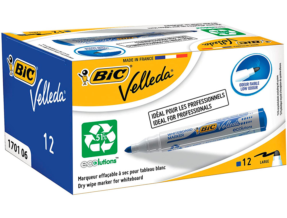 MARQUEUR BIC VELLEDA 1701 EFFAÇABLE POINTE OGIVE TRACÉ 1-5MM ENCRE BASE ALCOOL INODORE CORPS PLASTIQUE BLEU