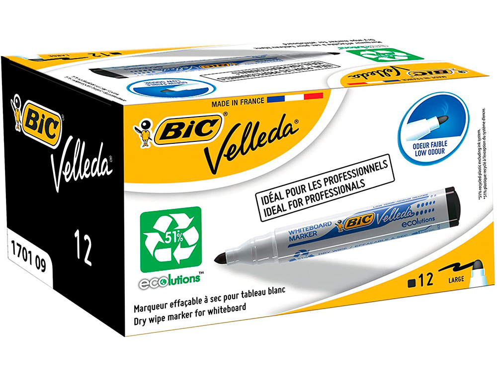 MARQUEUR BIC VELLEDA 1701 EFFAÇABLE POINTE OGIVE TRACÉ 1-5MM ENCRE BASE ALCOOL INODORE CORPS PLASTIQUE NOIR