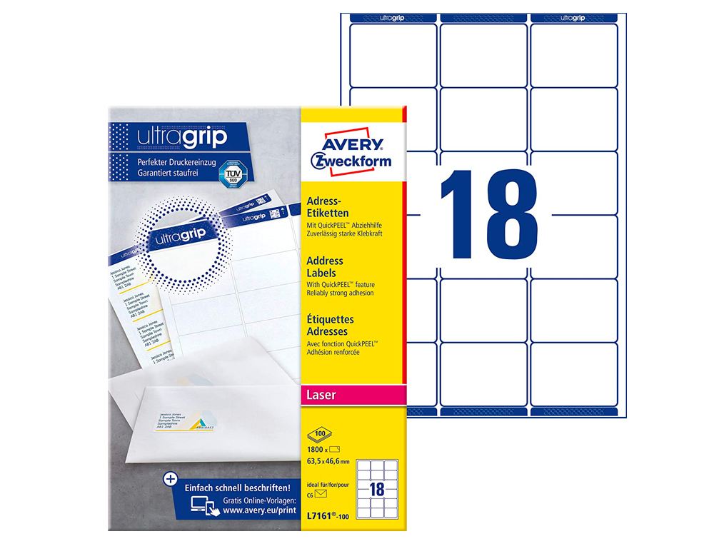 ÉTIQUETTE ADHÉSIVE AVERY LASER ÉCOLOGIQUE ENVELOPPES CLASSIQUES 63.5X46.6MM BOÎTE 1800 UNITÉS