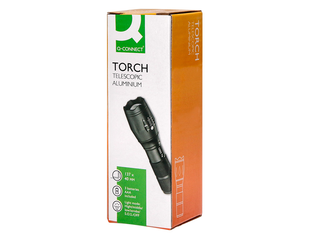 LAMPE TORCHE Q-CONNECT TÉLESCOPIQUE ALUMINIUM ÉCLAIRAGE 5 NIVEAUX BOUTON ARRET 3 PILES AAA FOURNIES COLORIS NOIR