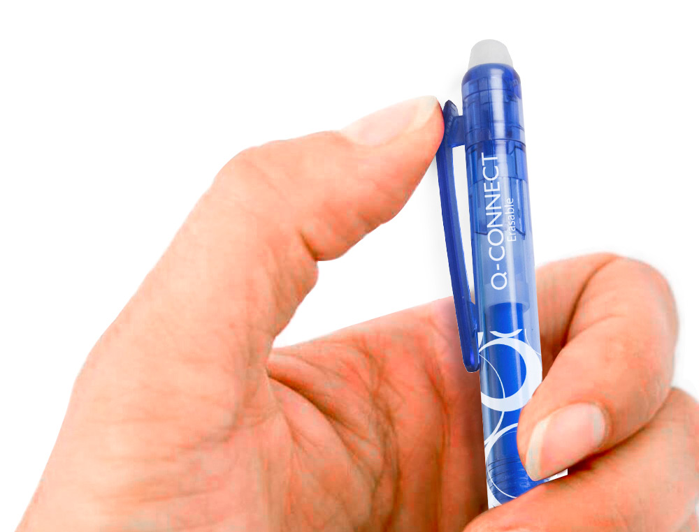 ROLLER Q-CONNECT ÉCRITURE MOYENNE 0.7MM ENCRE EFFAÇABLE GRIP PRÉHENSION GOMME SERTIE COLORIS BLEU