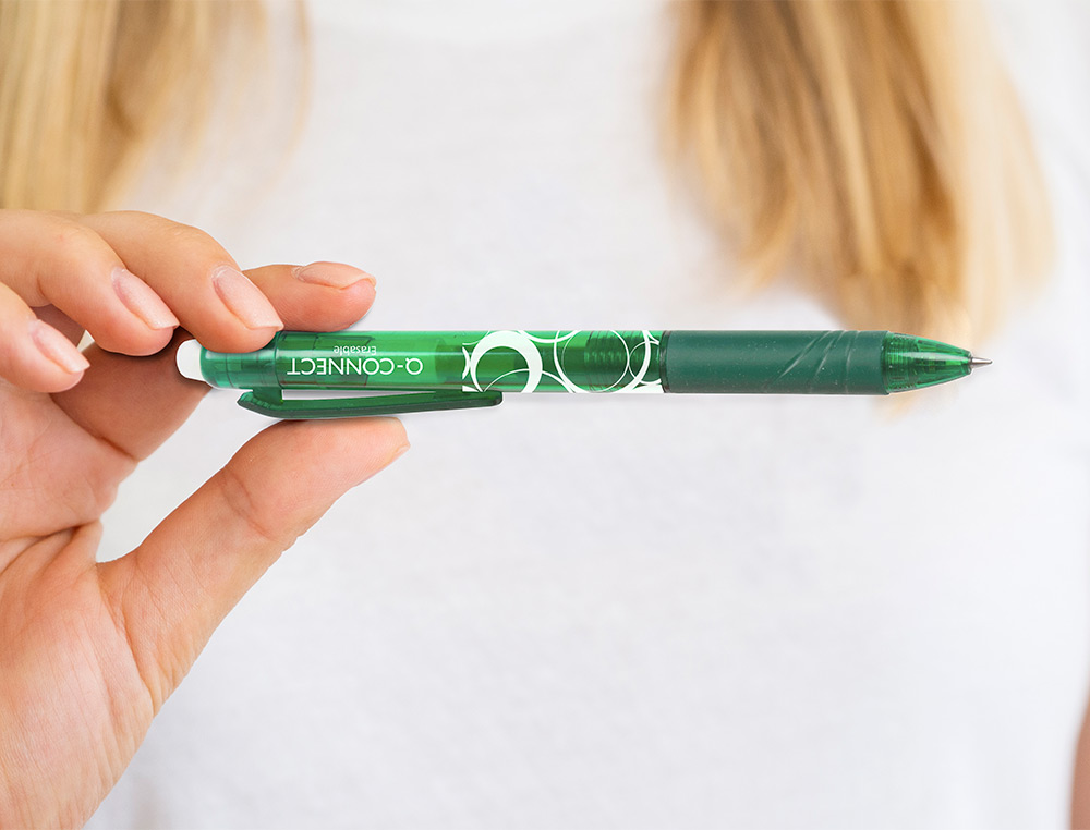 ROLLER Q-CONNECT CRITURE MOYENNE 0.7MM ENCRE EFFAABLE GRIP PRHENSION GOMME SERTIE COLORIS VERT