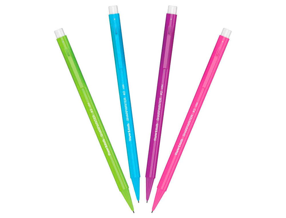 PORTE-MINE PAPER MATE NON STOP NÉON 0.7MM CORPS PLASTIQUE AGRAFE GOMME AVANCE MINE ROTATION 3 MINES HB COLORIS ASSORTIS