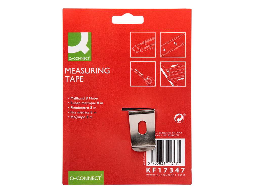 METRE ENROULEUR Q-CONNECT CAOUTCHOUC FREIN MATERIEL ANTICHOC LARGEUR 25MM LONGUEUR 8M