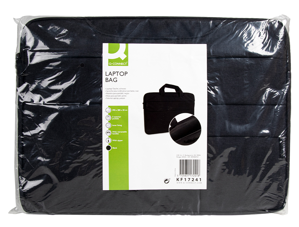 SACOCHE ORDINATEUR Q-CONNECT POIGNEES AMOVIBLES FERMETURE ECLAIR COMPARTIMENTS EXTERIEURS 39X28X2CM NOIR