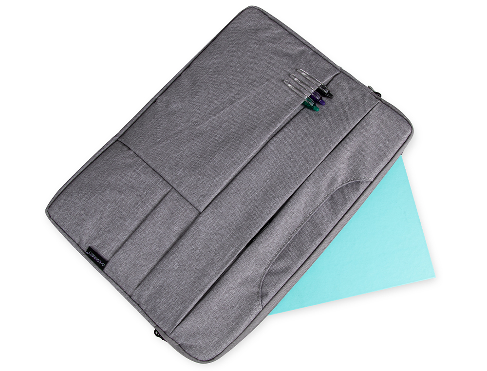 SACOCHE ORDINATEUR Q-CONNECT POIGNEES AMOVIBLES FERMETURE ECLAIR COMPARTIMENTS EXTERIEURS 39X28X2CM GRIS CLAIR