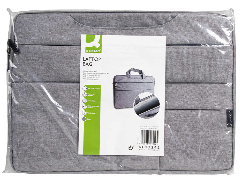 SACOCHE ORDINATEUR Q-CONNECT POIGNEES AMOVIBLES FERMETURE ECLAIR COMPARTIMENTS EXTERIEURS 39X28X2CM GRIS CLAIR