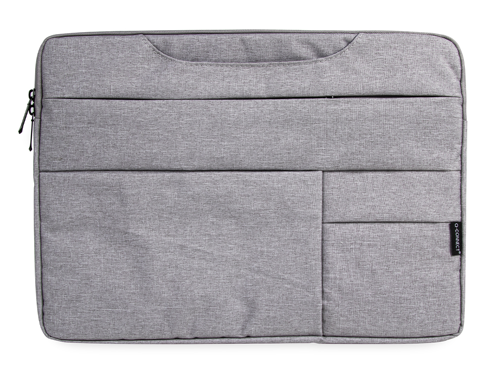 SACOCHE ORDINATEUR Q-CONNECT POIGNEES AMOVIBLES FERMETURE ECLAIR COMPARTIMENTS EXTERIEURS 39X28X2CM GRIS CLAIR