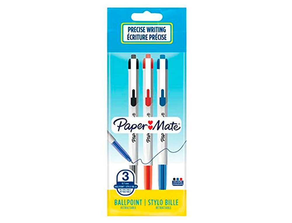 STYLO-BILLE PAPER MATE 046 RT RETRACTABLE POINTE MOYENNE    0,7MM SACHET 3 UNITES         ASSORTIES NOIR BLEU ROUGE