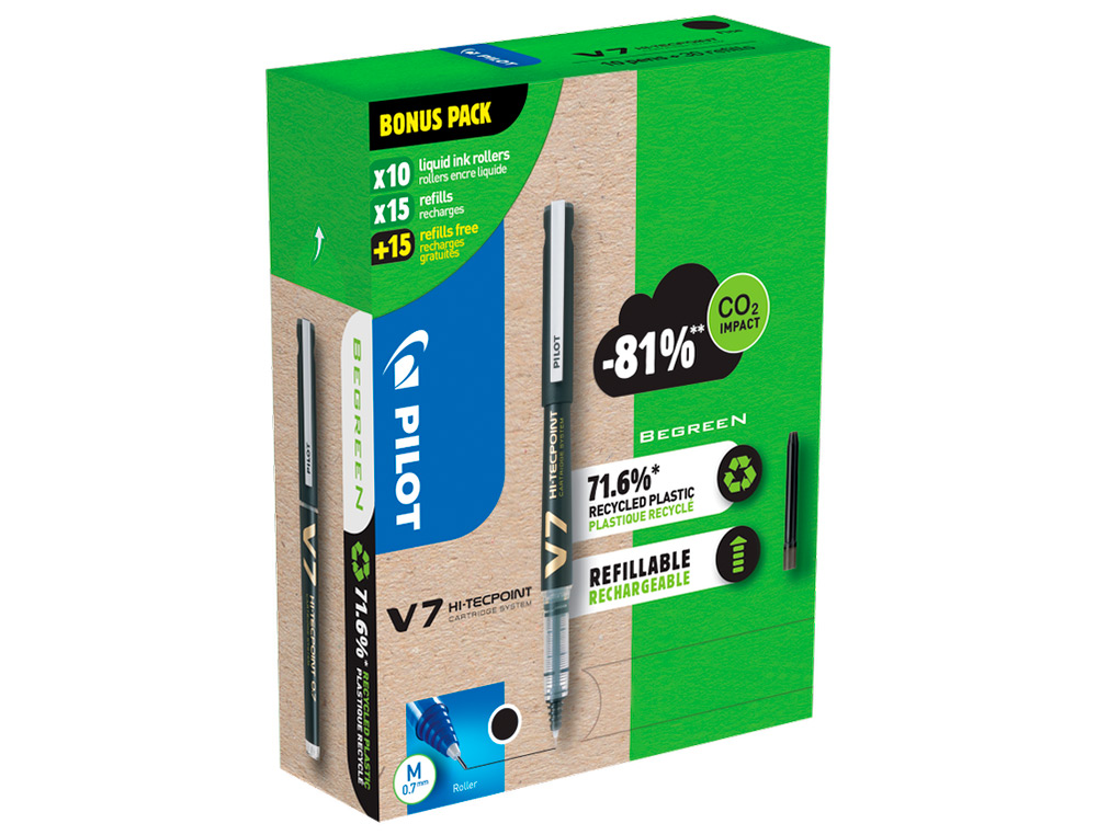 PACK PILOT V7 10 ROLLERS ENCRE LIQUIDE RECHARGEABLES   POINTE MOYENNE 10 SETS DE 3   RECHARGES 5 OFFERTES COLORIS