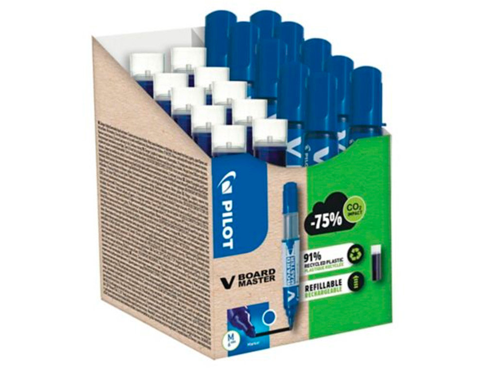 PACK PILOT V-BOARD MASTER 10 MARQUEURS EFFACABLES A SEC POINTE CONIQUE MOYENNE 10 RECHARGES 5 OFFERTES COLORIS BLEU