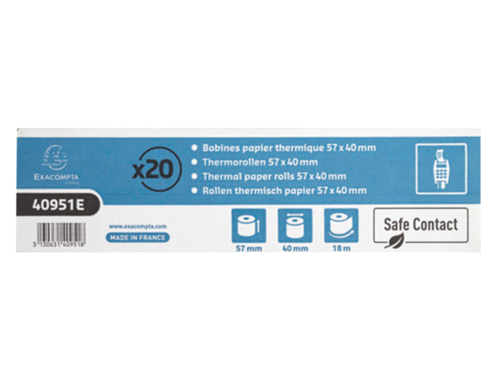 BOBINE THERMIQUE EXACOMPTA EXABLUE TPE 57X40MM 55G       LONGUEUR 18M IMPRESSION VERSO TRES LONGUE CONSERVATION