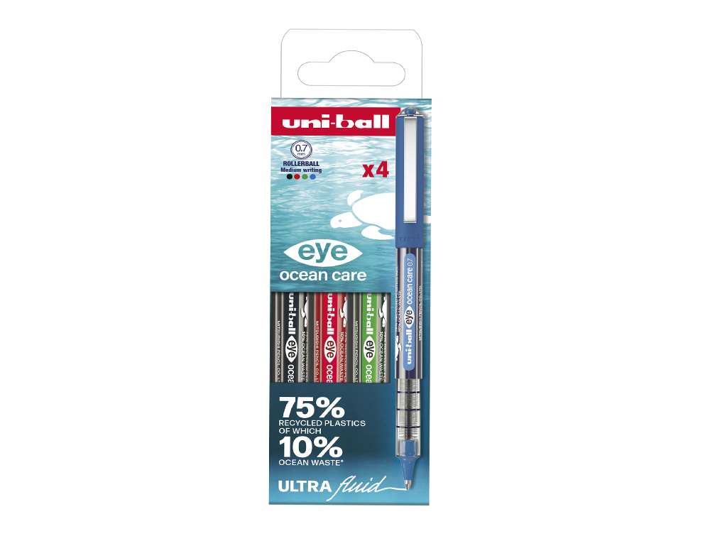 ROLLER UNIBALL OCEAN CARE ECRITURE MOYENNE POINTE 0,7MM ENCRE LIQUIDE COLORIS ASSORTIS POCHETTE 4 UNITES