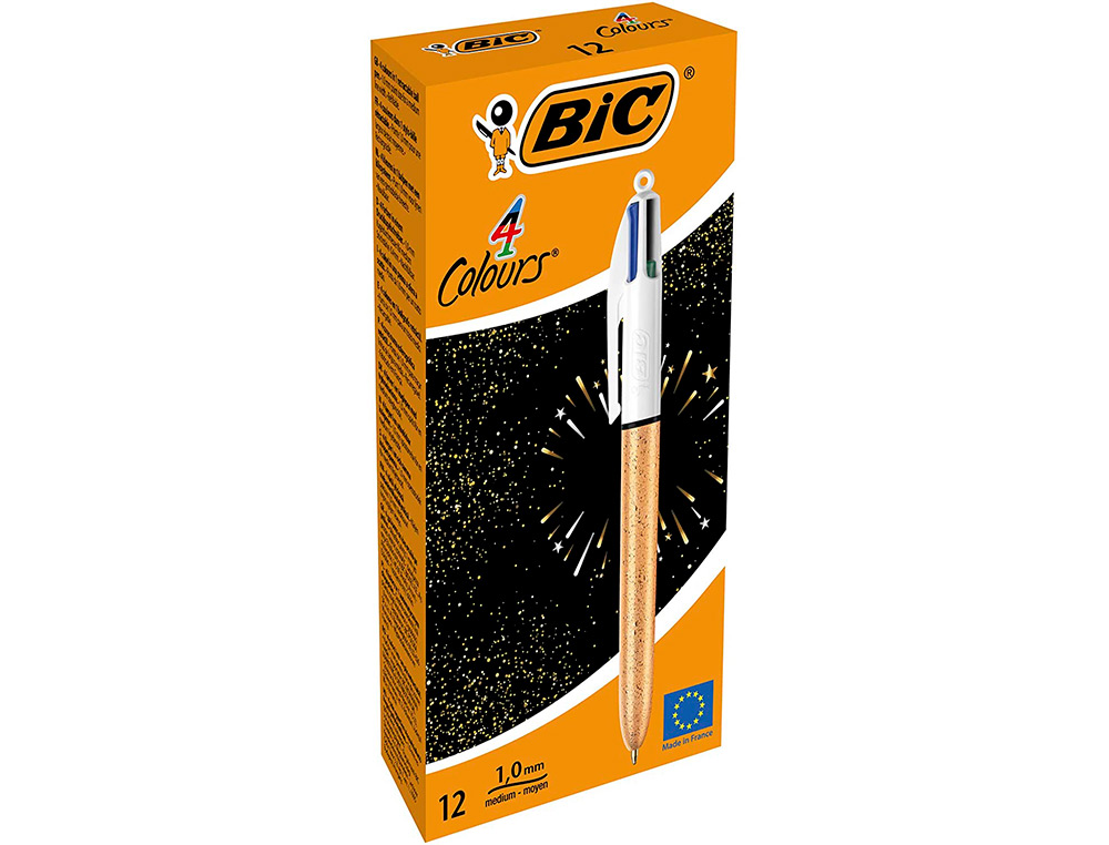 STYLO-BILLE BIC 4 COULEURS FESTIF RETRACTABLE RECHARGEABLE POINTE MOYENNE  1MM CORPS LARGE BLANC/DORE