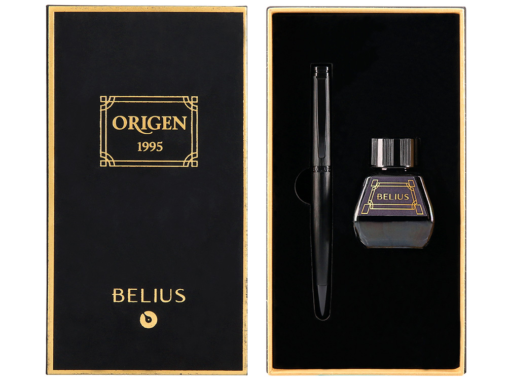 STYLO-PLUME ET FLACON D'ENCRE BELIUS ORIGEN ALUMINIUM BROSSE ENCRE NOIRE COLORIS NOIR DANS COFFRET CADEAU