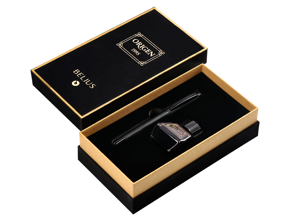 STYLO-PLUME ET FLACON D'ENCRE BELIUS ORIGEN ALUMINIUM BROSSE ENCRE NOIRE COLORIS NOIR DANS COFFRET CADEAU