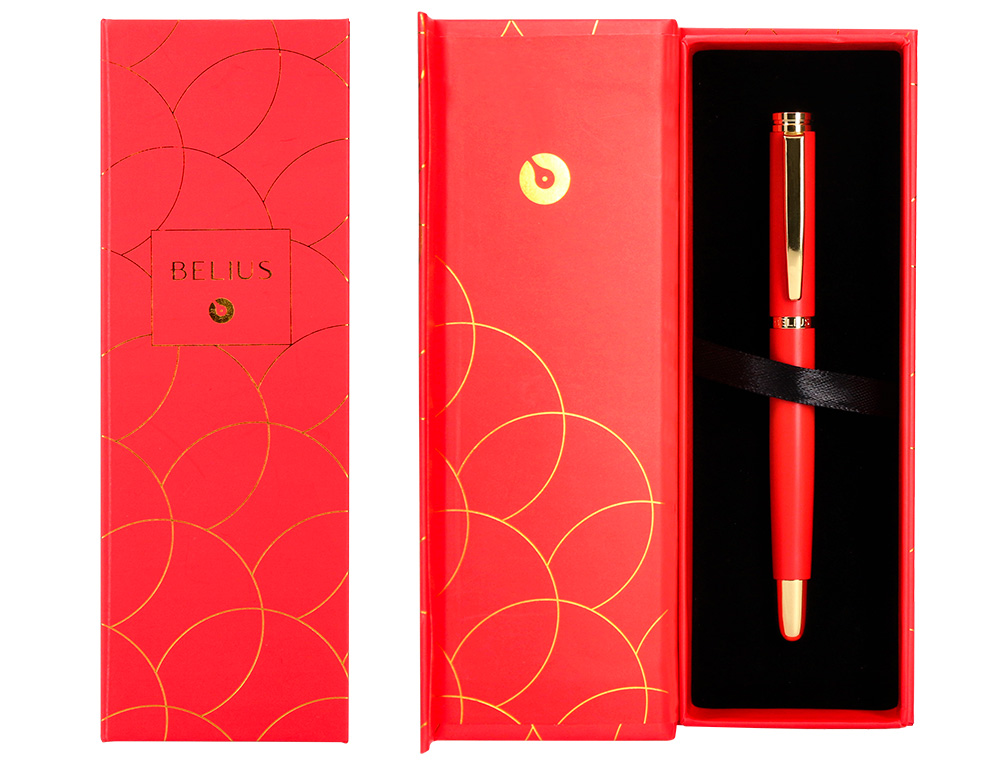STYLO-BILLE BELIUS PASSION ALUMINIUM BROSSE ATTRIBUTS OR ENCRE BLEUE COLORIS ROUGE     DANS COFFRET CADEAU