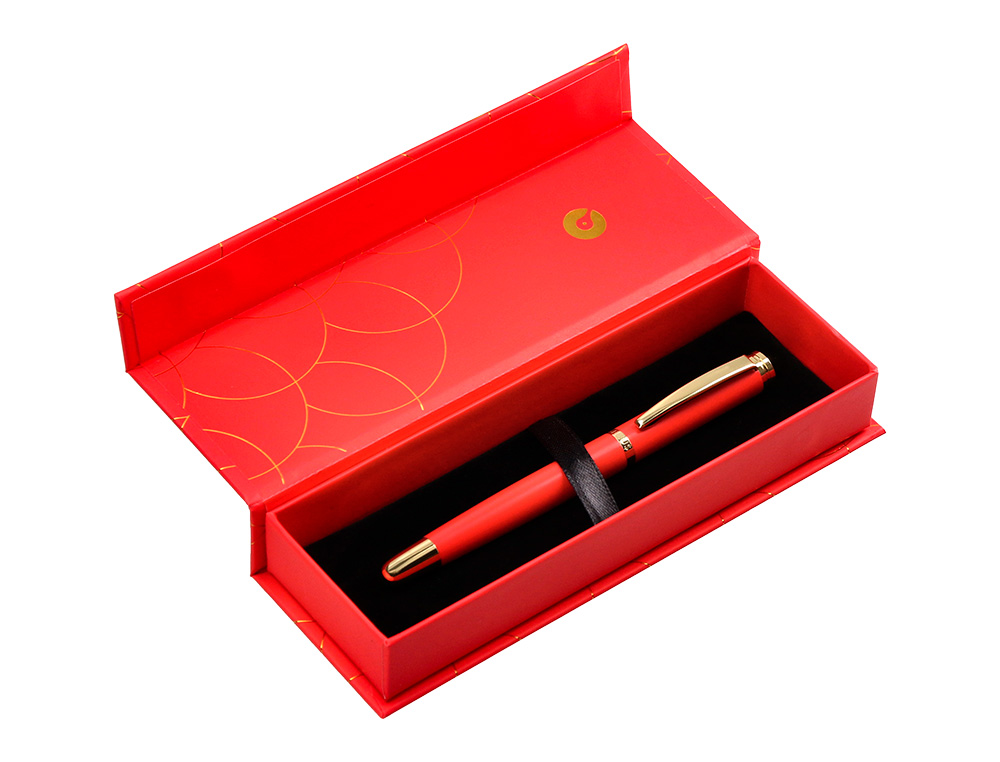 STYLO-BILLE BELIUS PASSION ALUMINIUM BROSSE ATTRIBUTS OR ENCRE BLEUE COLORIS ROUGE     DANS COFFRET CADEAU