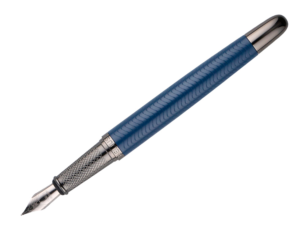 STYLO-PLUME BELIUS NEPTUNO ALUMINIUM TEXTURE ONDULEE ATTRIBUTS GUN ENCRE BLEUE COLORIS BLEU MARINE DANS COFFRET CADEAU