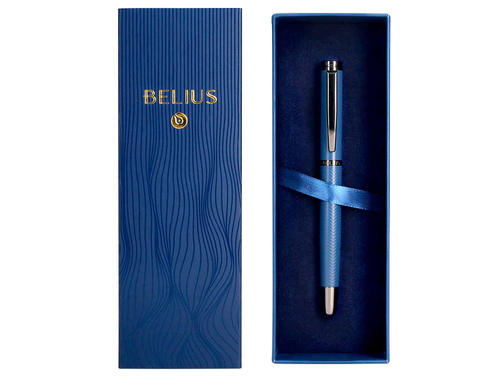 STYLO-PLUME BELIUS NEPTUNO ALUMINIUM TEXTURE ONDULEE ATTRIBUTS GUN ENCRE BLEUE COLORIS BLEU MARINE DANS COFFRET CADEAU