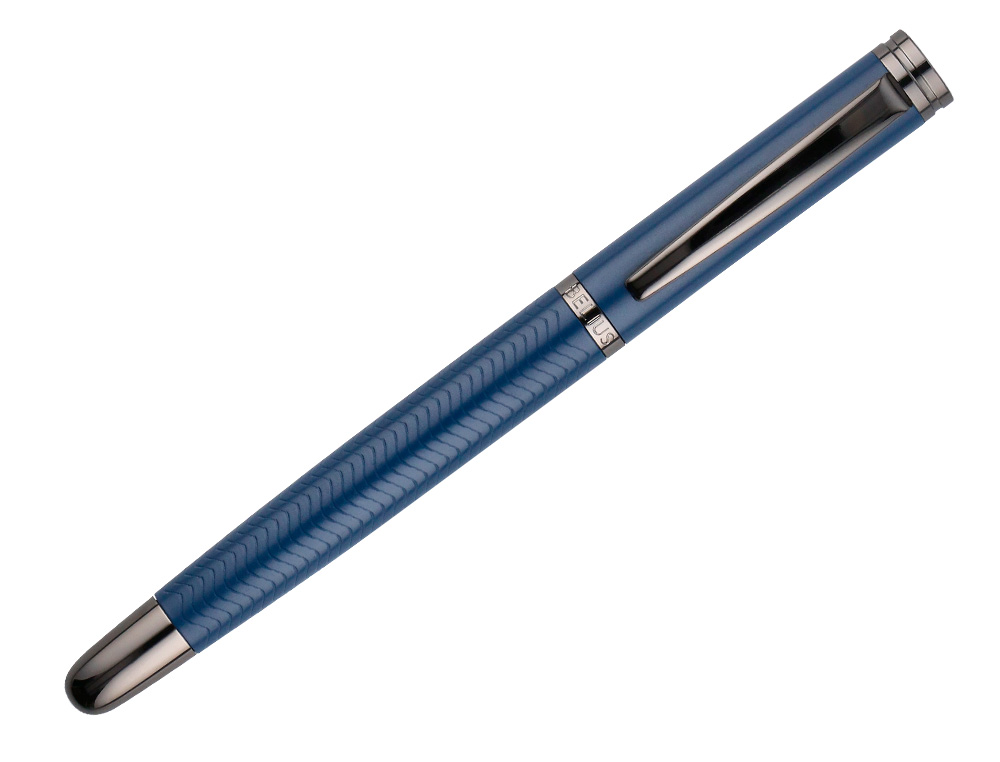 STYLO-PLUME BELIUS NEPTUNO ALUMINIUM TEXTURE ONDULEE ATTRIBUTS GUN ENCRE BLEUE COLORIS BLEU MARINE DANS COFFRET CADEAU