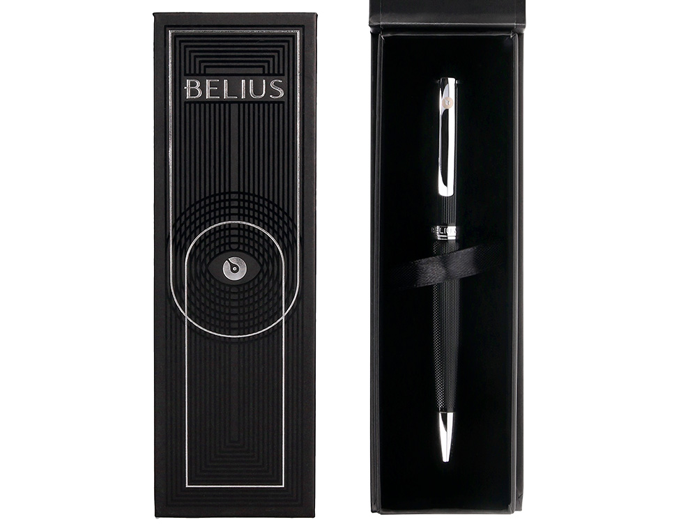 ROLLER BELIUS TURBO ALUMINIUM TEXTURE POINTILLEE ATTRIBUTS ARGENT ENCRE BLEUE COLORIS NOIR DANS COFFRET CADEAU
