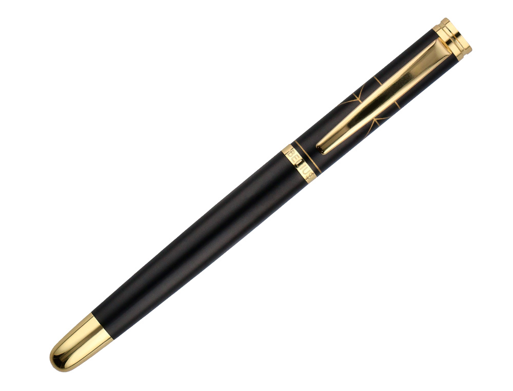STYLO-PLUME ET ETUI SIMILI CUIR BELIUS SOIREE ALUMINIUM DETAILS ET ATTRIBUTS OR ENCRE BLEUE COLORIS NOIR COFFRET CADEAU
