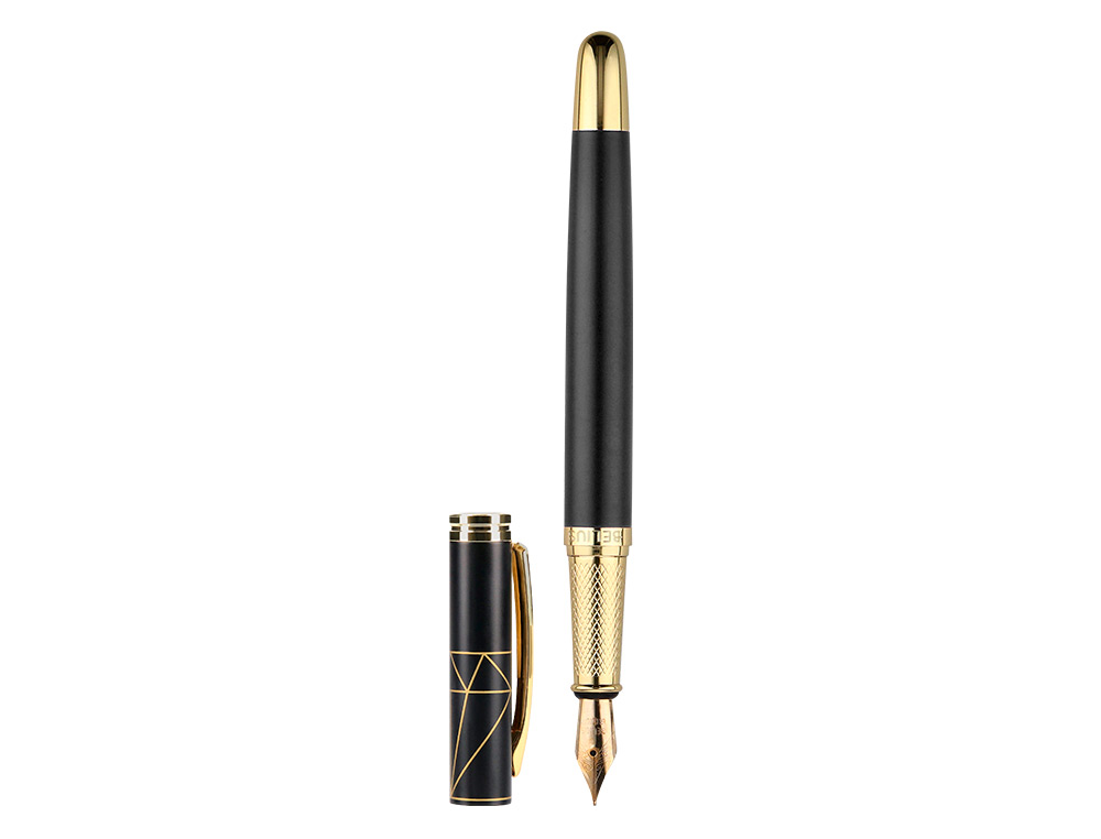 STYLO-PLUME ET ETUI SIMILI CUIR BELIUS SOIREE ALUMINIUM DETAILS ET ATTRIBUTS OR ENCRE BLEUE COLORIS NOIR COFFRET CADEAU