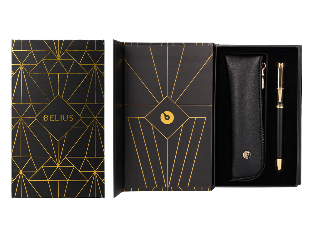 STYLO-PLUME ET ETUI SIMILI CUIR BELIUS SOIREE ALUMINIUM DETAILS ET ATTRIBUTS OR ENCRE BLEUE COLORIS NOIR COFFRET CADEAU