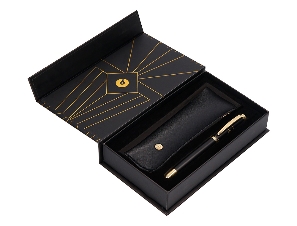 STYLO-PLUME ET ETUI SIMILI CUIR BELIUS SOIREE ALUMINIUM DETAILS ET ATTRIBUTS OR ENCRE BLEUE COLORIS NOIR COFFRET CADEAU