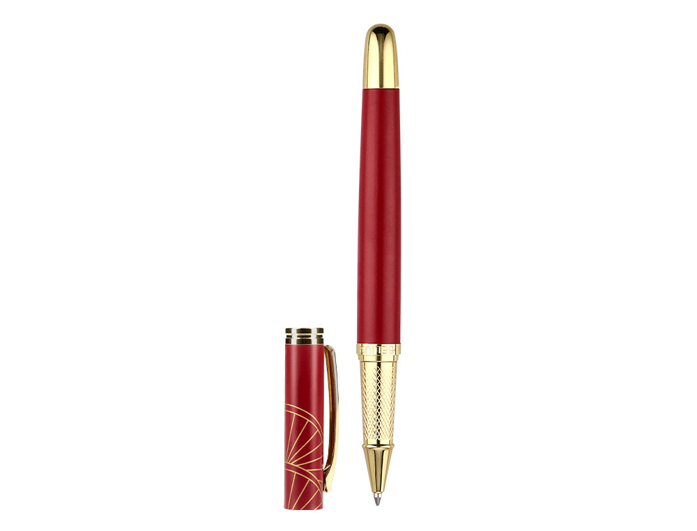 STYLO-BILLE BELIUS SOIREE ALUMINIUM DETAILS ET ATTRIBUTS OR ENCRE BLEUE COLORIS BORDEAUX DANS COFFRET CADEAU