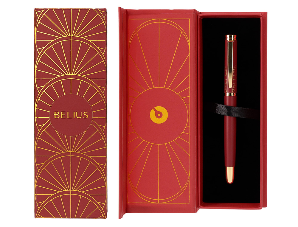 STYLO-BILLE BELIUS SOIREE ALUMINIUM DETAILS ET ATTRIBUTS OR ENCRE BLEUE COLORIS BORDEAUX DANS COFFRET CADEAU