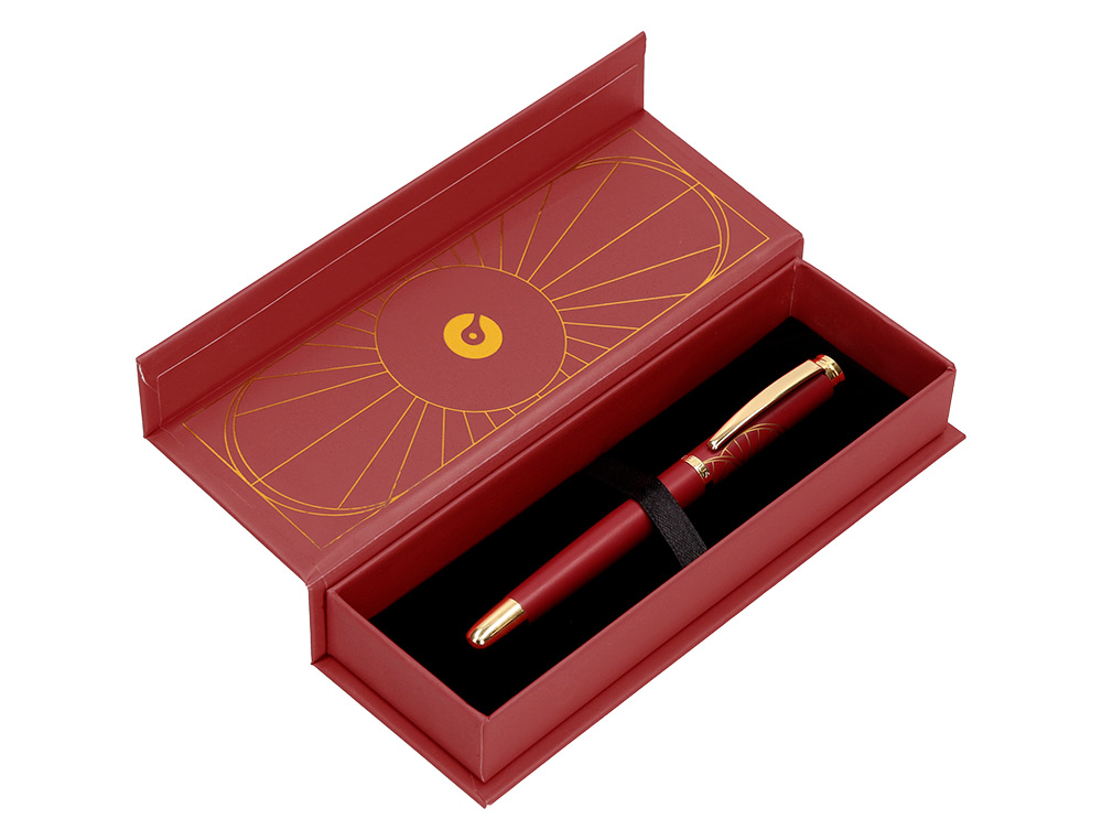 STYLO-BILLE BELIUS SOIREE ALUMINIUM DETAILS ET ATTRIBUTS OR ENCRE BLEUE COLORIS BORDEAUX DANS COFFRET CADEAU
