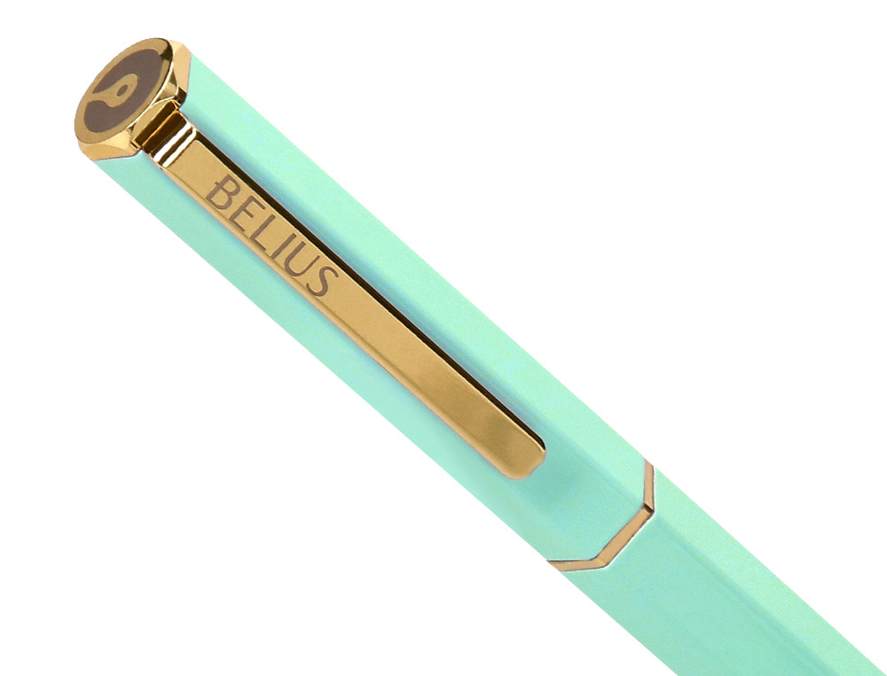 STYLO-BILLE BELIUS MACARON BLISS HEXAGONAL ALUMINIUM DETAILS ET ATTRIBUTS OR ENCRE BLEUE COLORIS VERT COFFRET CADEAU