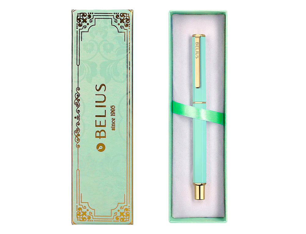 STYLO-BILLE BELIUS MACARON BLISS HEXAGONAL ALUMINIUM DETAILS ET ATTRIBUTS OR ENCRE BLEUE COLORIS VERT COFFRET CADEAU