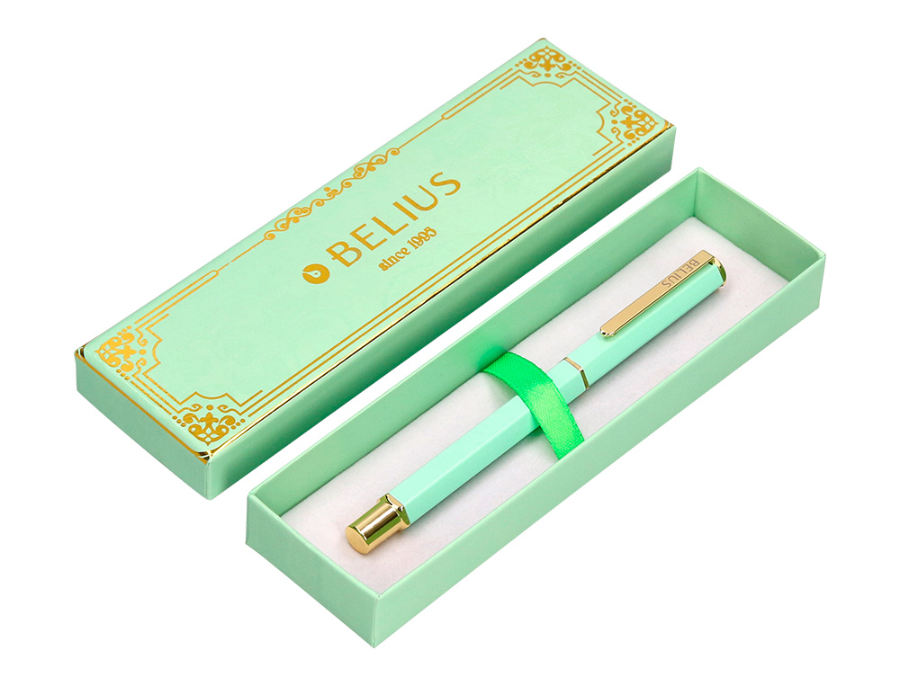 STYLO-BILLE BELIUS MACARON BLISS HEXAGONAL ALUMINIUM DETAILS ET ATTRIBUTS OR ENCRE BLEUE COLORIS VERT COFFRET CADEAU