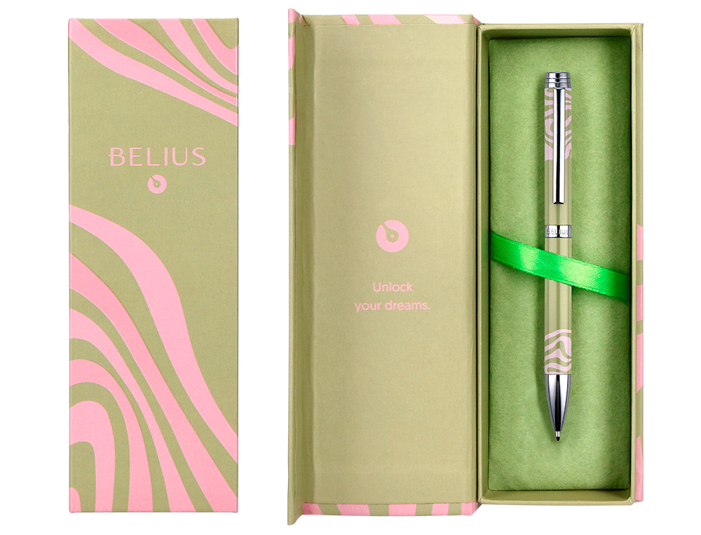STYLO-BILLE BELIUS INK DREAMS ALUMINIUM ATTRIBUTS ARGENT ENCRE BLEUE COLORIS VERT MATCHA ONDULATIONS ROSE COFFRET CADEAU