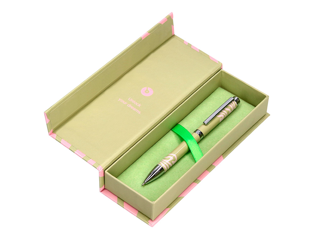 STYLO-BILLE BELIUS INK DREAMS ALUMINIUM ATTRIBUTS ARGENT ENCRE BLEUE COLORIS VERT MATCHA ONDULATIONS ROSE COFFRET CADEAU