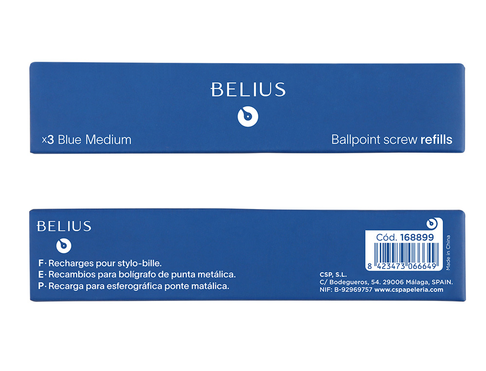 RECHARGE STYLO-BILLE BELIUS ENCRE BLEUE POINTE 0,8MM BOITE 3 UNITES