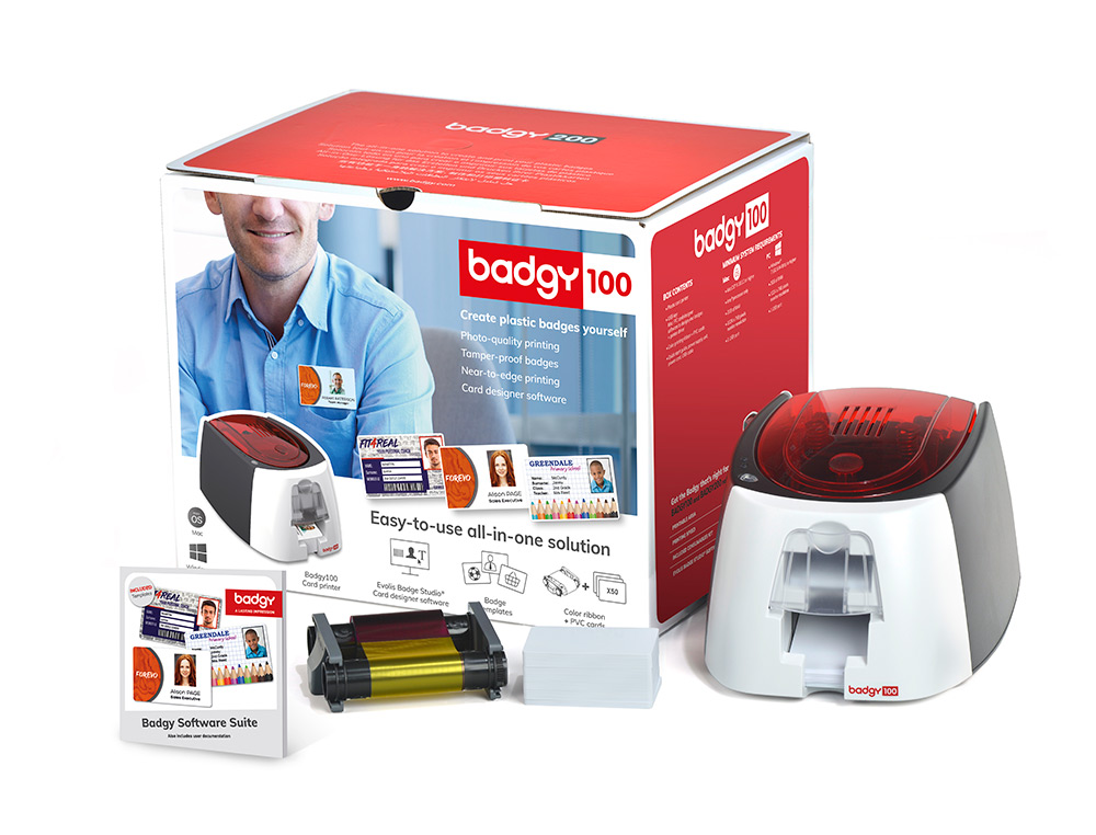 IMPRIMANTE CARTES COULEUR BADGY 100 PACK INCLUANT 1     IMPRIMANTE 50 CARTES PVC 1    RUBAN COULEUR 50 IMPRESS