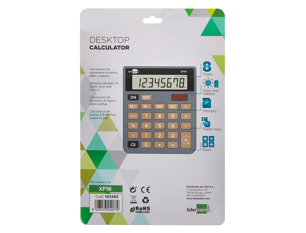 CALCULATRICE DE BUREAU LIDERPAPEL XF18 8 CHIFFRES    SOLAIRE ET PILES 127X105X24   MM COLORIS GRIS