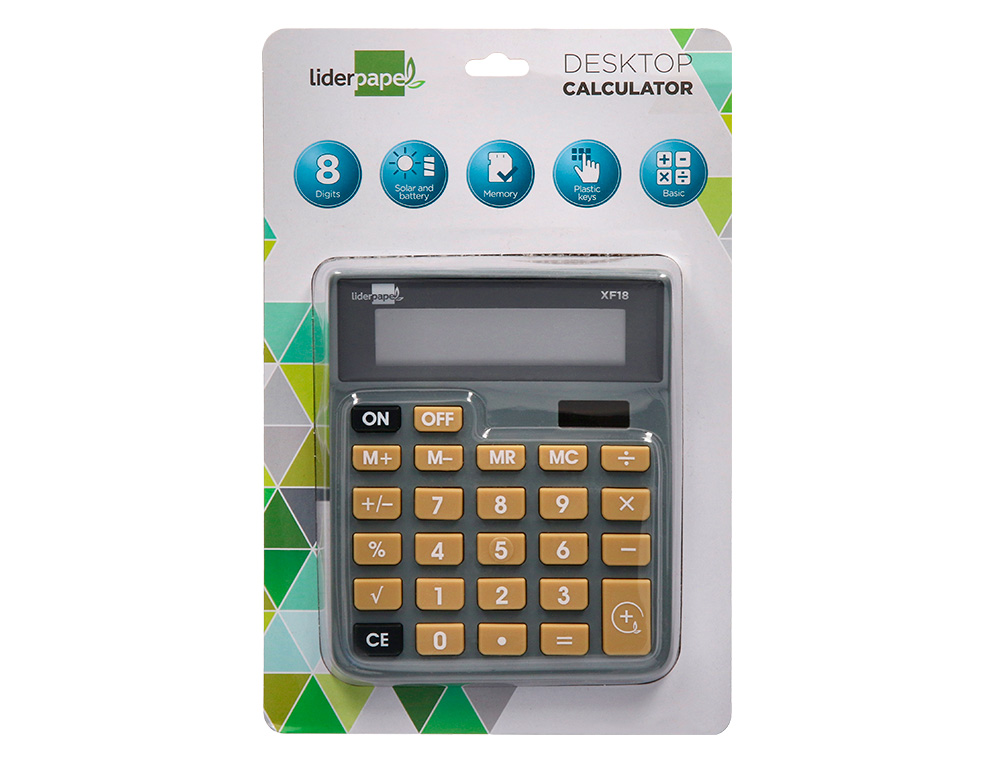 CALCULATRICE DE BUREAU LIDERPAPEL XF18 8 CHIFFRES    SOLAIRE ET PILES 127X105X24   MM COLORIS GRIS