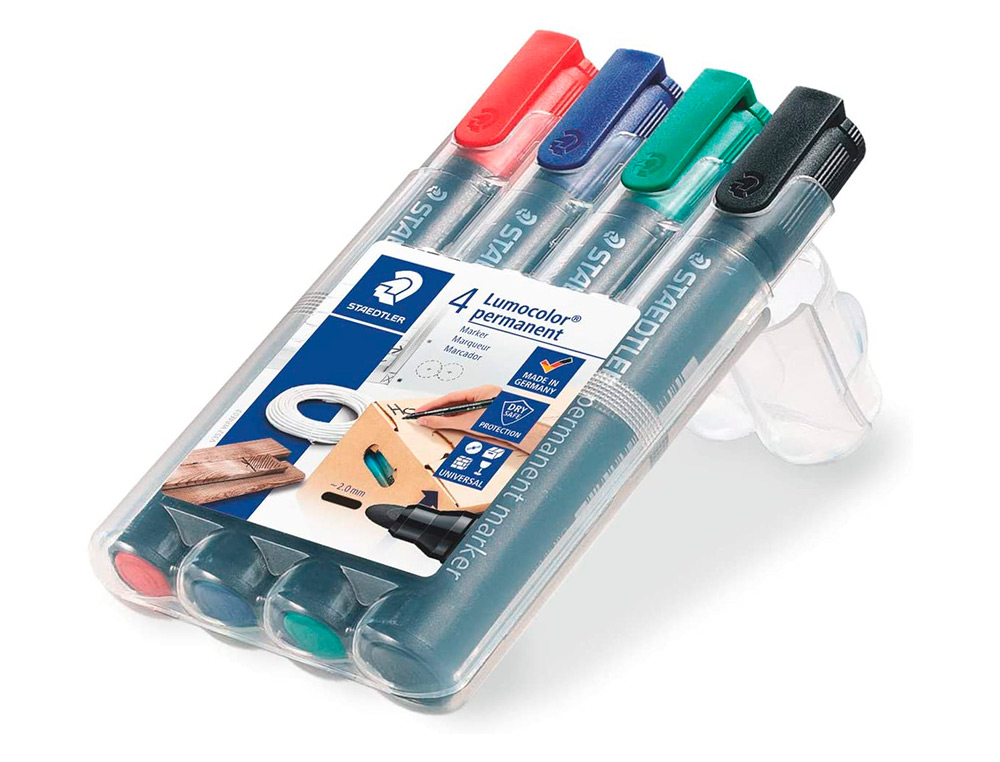 MARQUEUR STAEDTLER PERMANENT DRY SAFE 352 LUMOCOLOR POINTE OGIVE 2MM ASSORTIE ETUI DE 4
