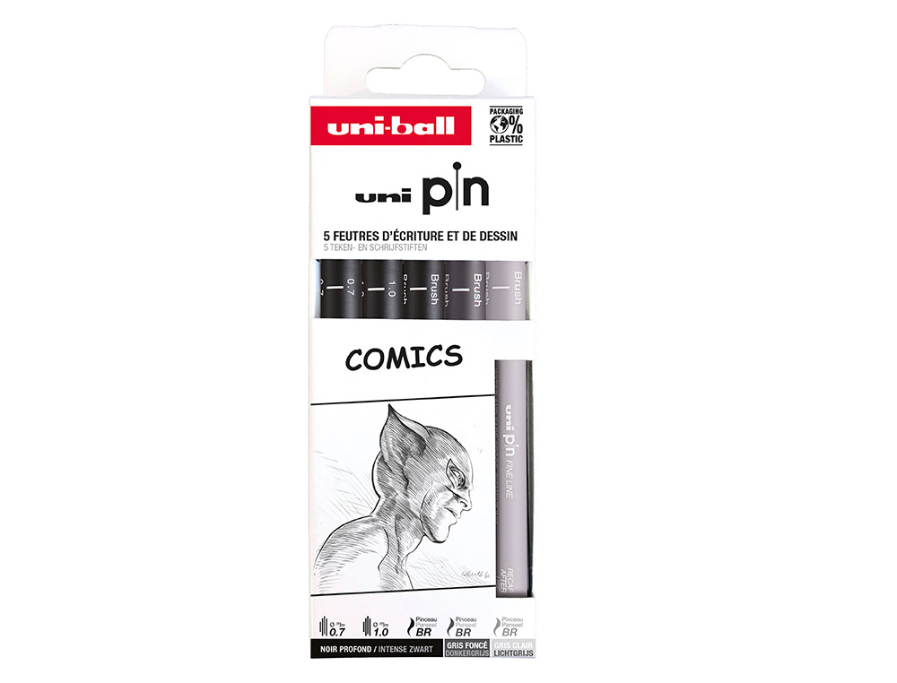 POCHETTE UNI-BALL 5 FEUTRES POINTE CALIBREE 0.7 GC/GF/N COLORIS NOIR