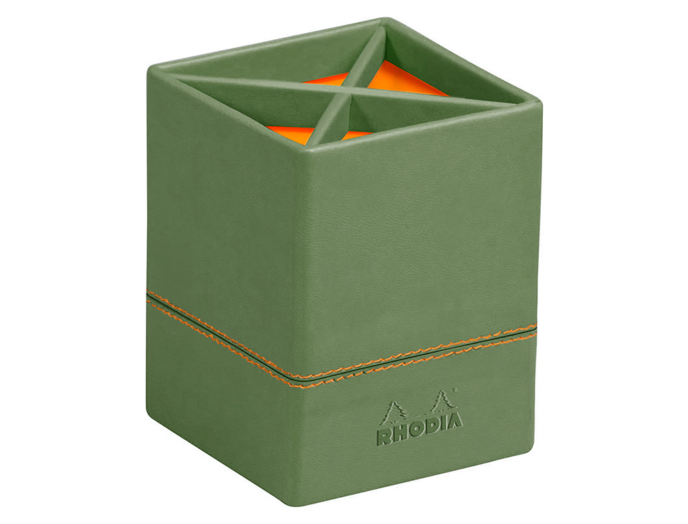 POT   CRAYONS RHODIARAMA 4 COMPARTIMENTS EN SIMIL CUIR   SAUGE VELOUT  8X8X11CM