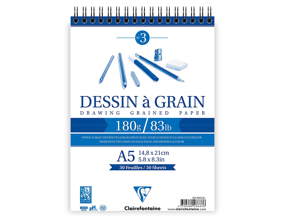 BLOC DESSIN GRAIN CLAIREFONTAINE A5 SPIRALE BLANC 14,8CMX21CM 180GR 30F