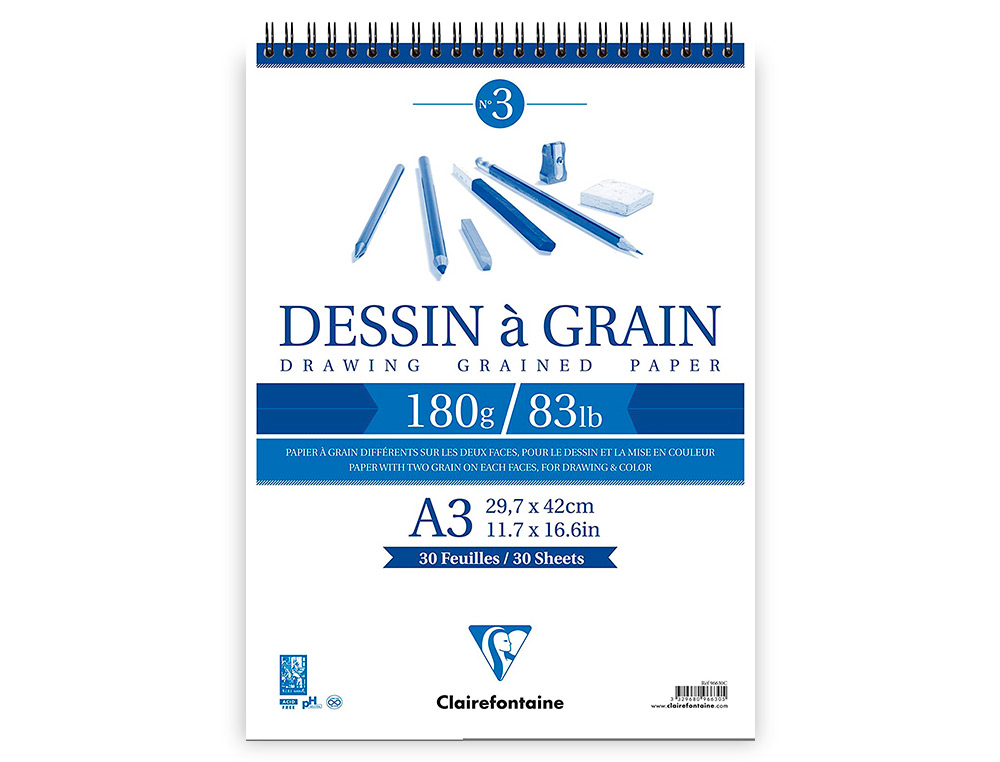 BLOC DESSIN GRAIN CLAIREFONTAINE SPIRALE A3 BLANC 29,7CMX42CM 180GR 30F